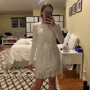 Romantic Boho Long Sleeve White Lace Cotton Dress With Open Back